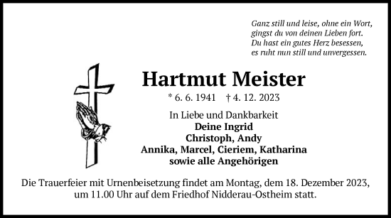 Traueranzeige von Hartmut Meister von OF