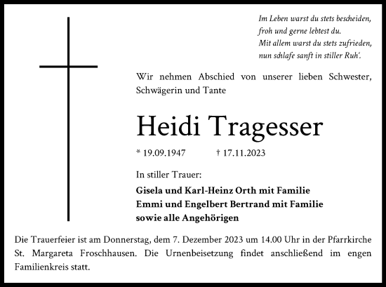 Traueranzeige von Heidi Tragesser von OF