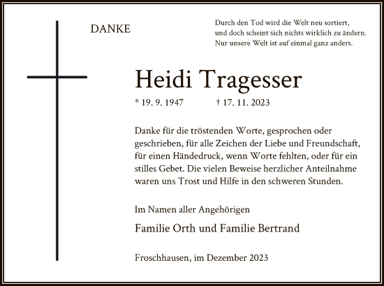 Traueranzeige von Heidi Tragesser von OF