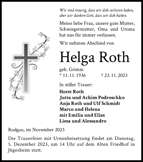 Traueranzeige von Helga Roth von OF