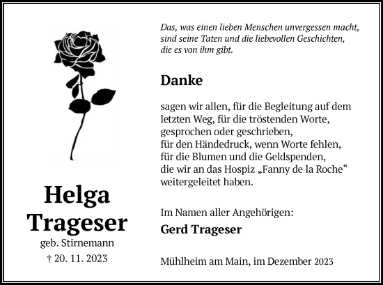 Traueranzeige von Helga Trageser von OF