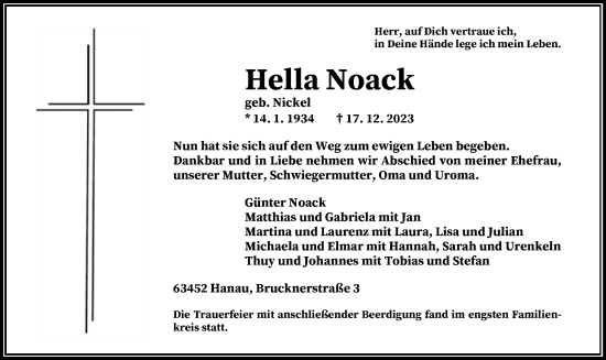 Traueranzeige von Hella Noack von OF