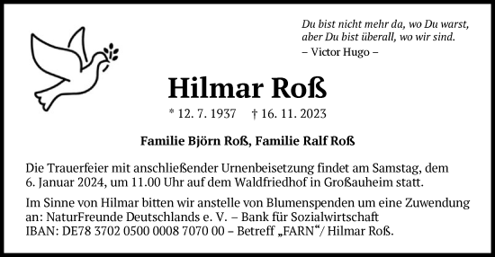 Traueranzeige von Hilmar Roß von OF