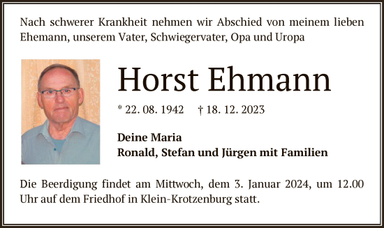 Traueranzeige von Horst Ehmann von OF