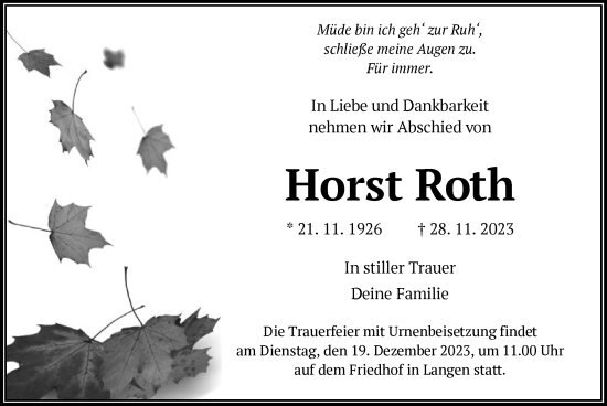 Traueranzeige von Horst Roth von OF
