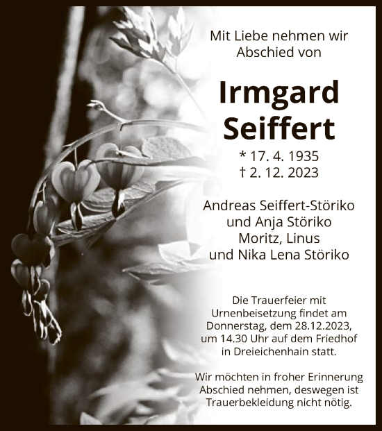 Traueranzeige von Irmgard Seiffert von OF