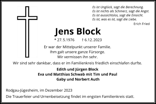 Traueranzeige von Jens Block von OF