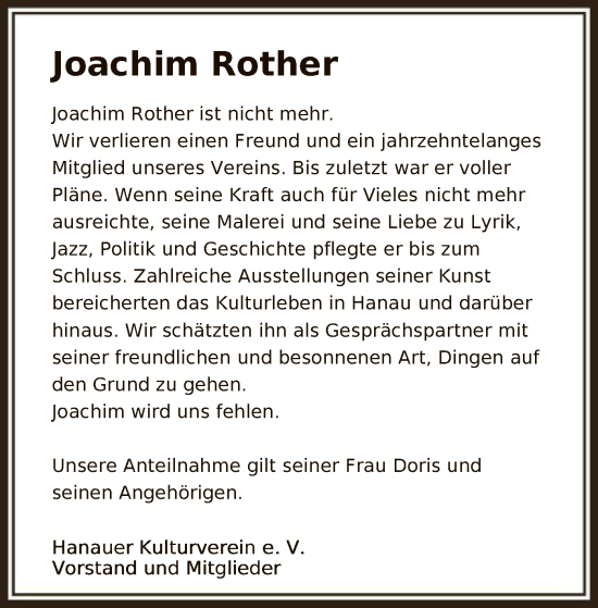 Traueranzeige von Joachim Rother von OF