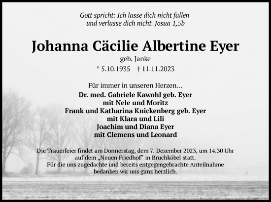 Traueranzeige von Johanna Cäcilie Albertine Eyer von OF