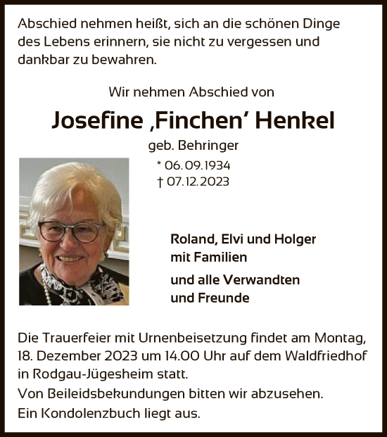 Traueranzeige von Josefine Henhel von OF