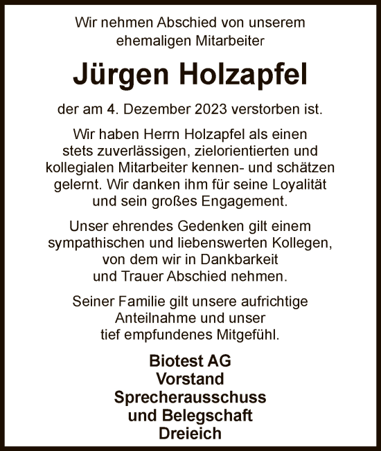 Traueranzeige von Jürgen Holzapfel von OF