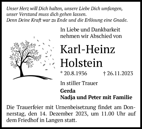 Traueranzeige von Karl-Heinz Holstein von OF