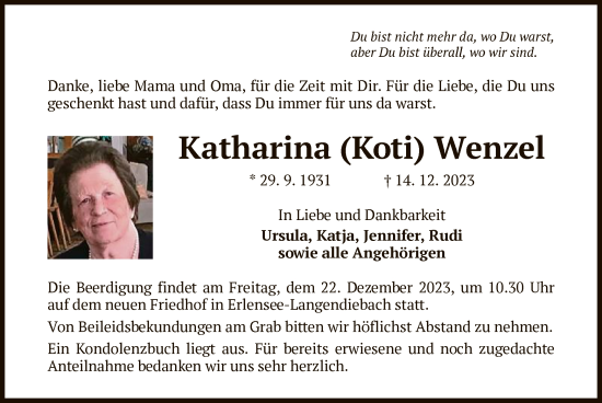 Traueranzeige von Katharina Wenzel von OF