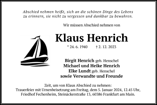 Traueranzeige von Klaus Henrich von OF