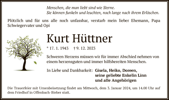 Traueranzeige von Kurt Hüttner von OF