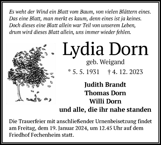 Traueranzeige von Lydia Dorn von OF