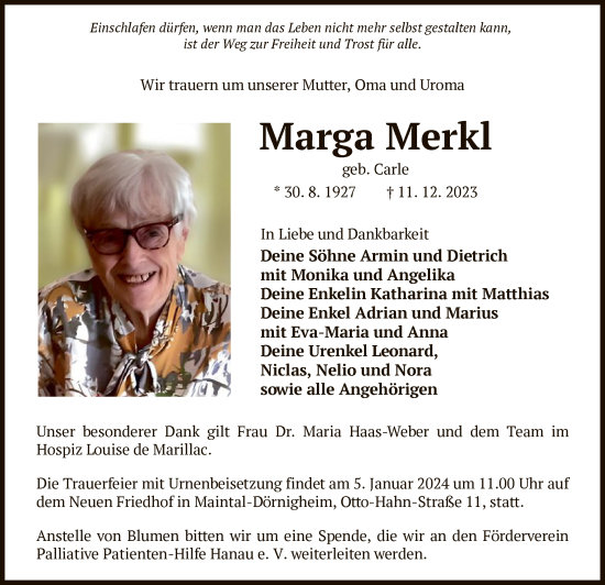 Traueranzeige von Marga Merkl von OF