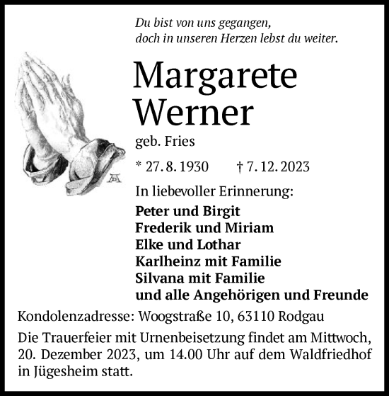 Traueranzeige von Margarete Werner von OF