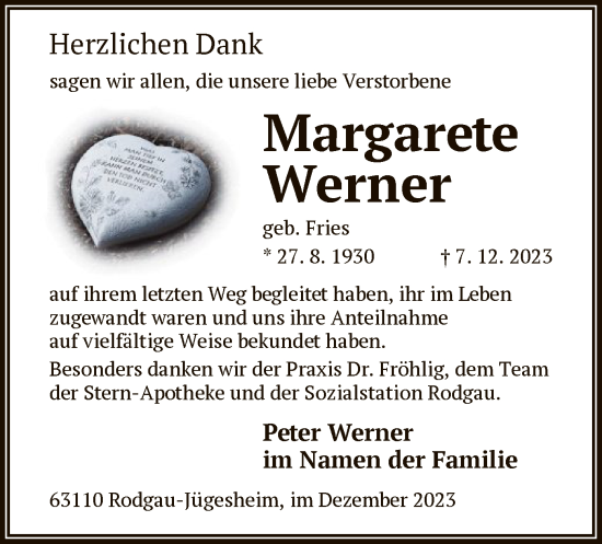 Traueranzeige von Margarete Werner von OF