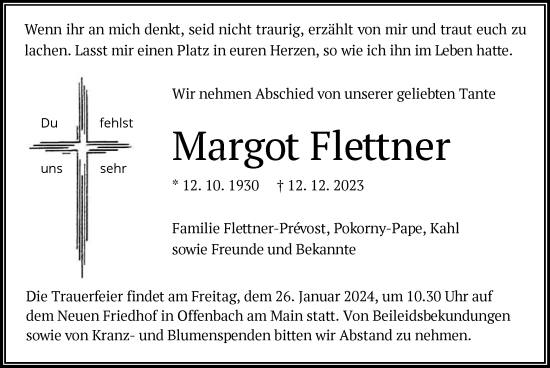 Traueranzeige von Margot Flettner von OF