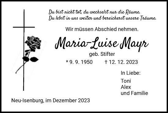 Traueranzeige von Maria-Luise Mayr von OF