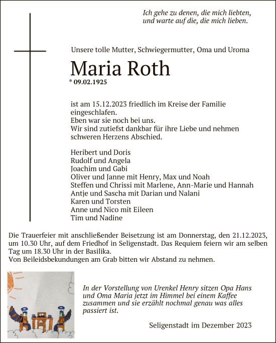 Traueranzeige von Maria Roth von OF