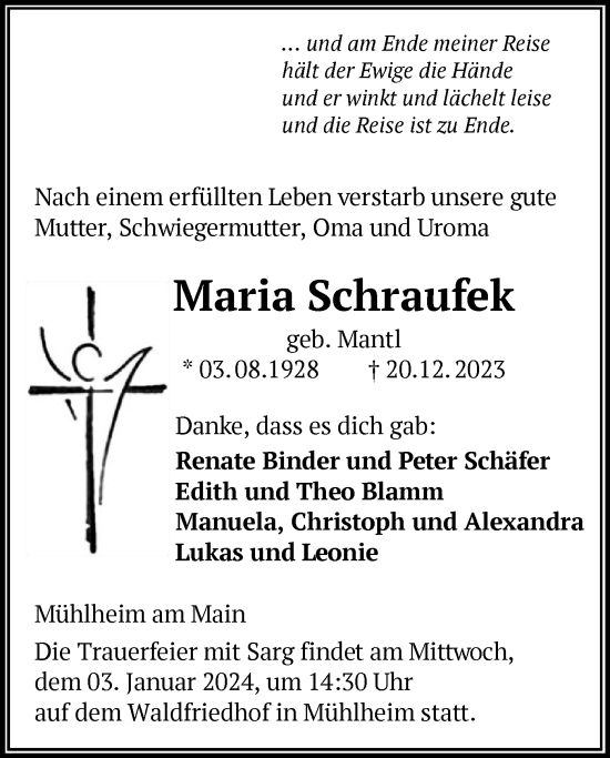 Traueranzeige von Maria Schraufek von OF