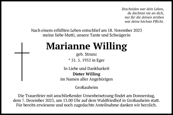 Traueranzeige von Marianne Willing von OF