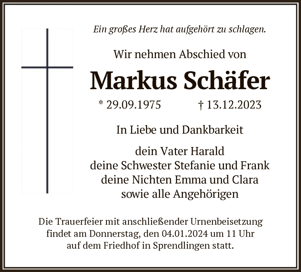  Traueranzeige für Markus Schäfer vom 28.12.2023 aus OF