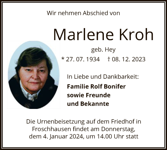 Traueranzeige von Marlene Kroh von OF