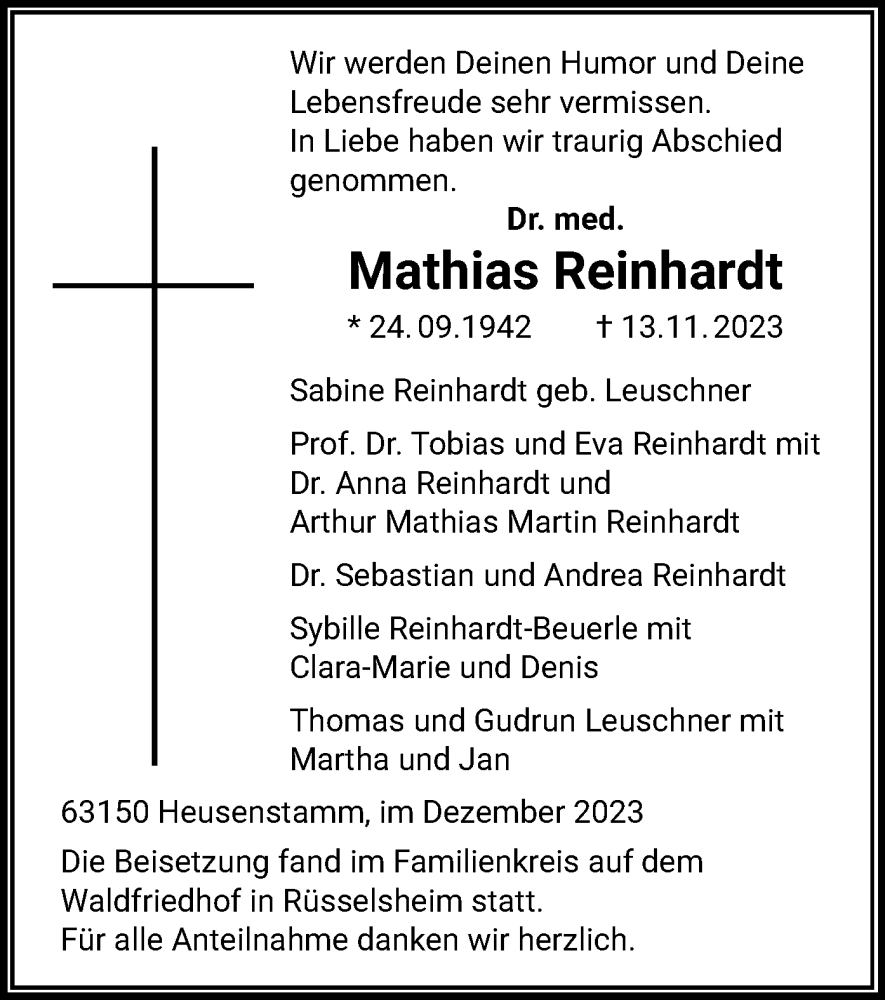  Traueranzeige für Mathias Reinhardt vom 13.12.2023 aus OF