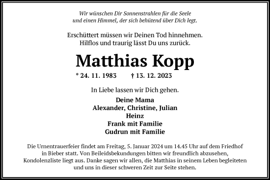 Traueranzeige von Matthias Kopp von OF