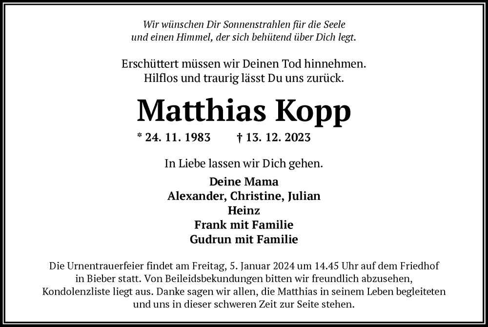  Traueranzeige für Matthias Kopp vom 30.12.2023 aus OF