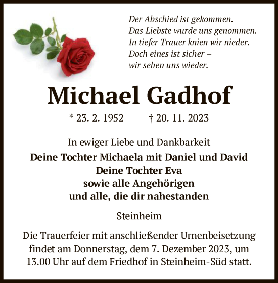 Traueranzeige von Michael Gadhof von OF