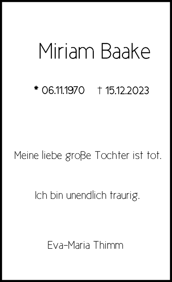 Traueranzeige von Miriam Baake von OF