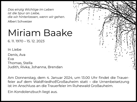 Traueranzeige von Miriam Baake von OF