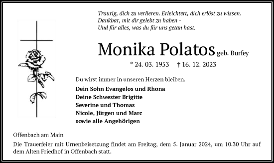 Traueranzeige von Monika Polatos von OF