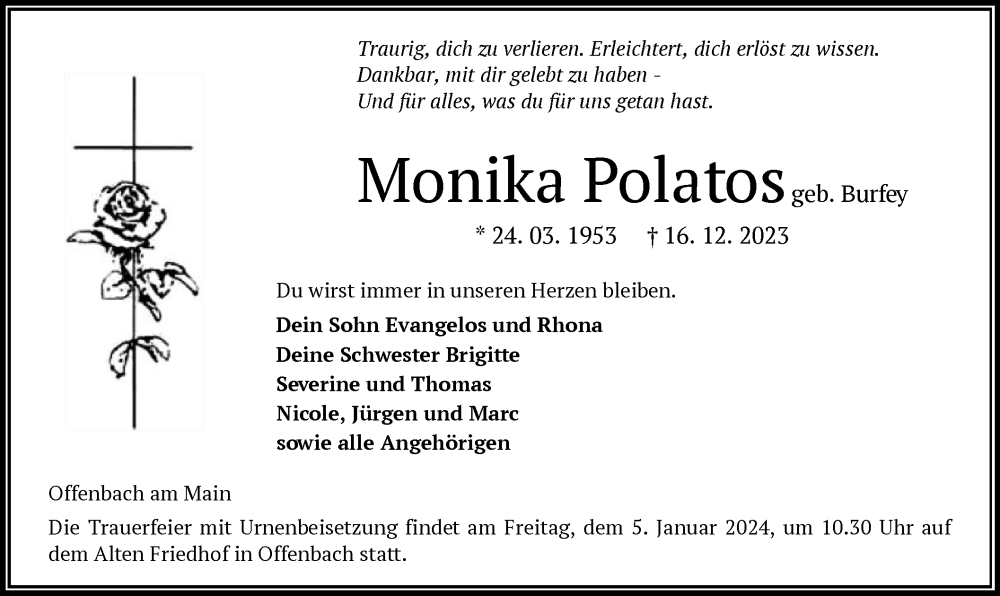  Traueranzeige für Monika Polatos vom 23.12.2023 aus OF