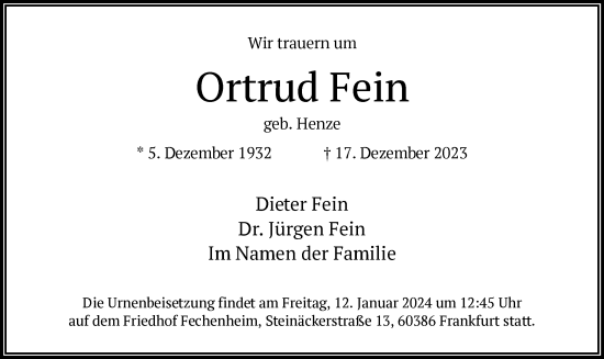 Traueranzeige von Ortrud Fein von OF