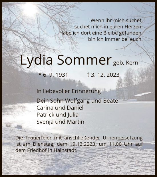 Traueranzeige von PaLydia Sommer von OF