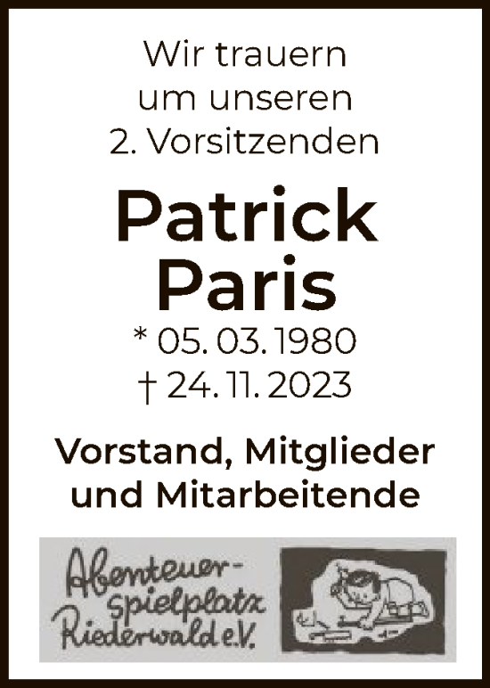 Traueranzeige von Patrick Paris von OF