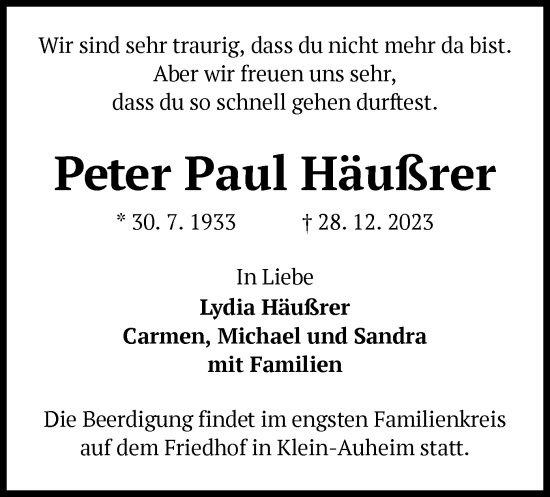 Traueranzeige von Peter Paul Häußrer von OF