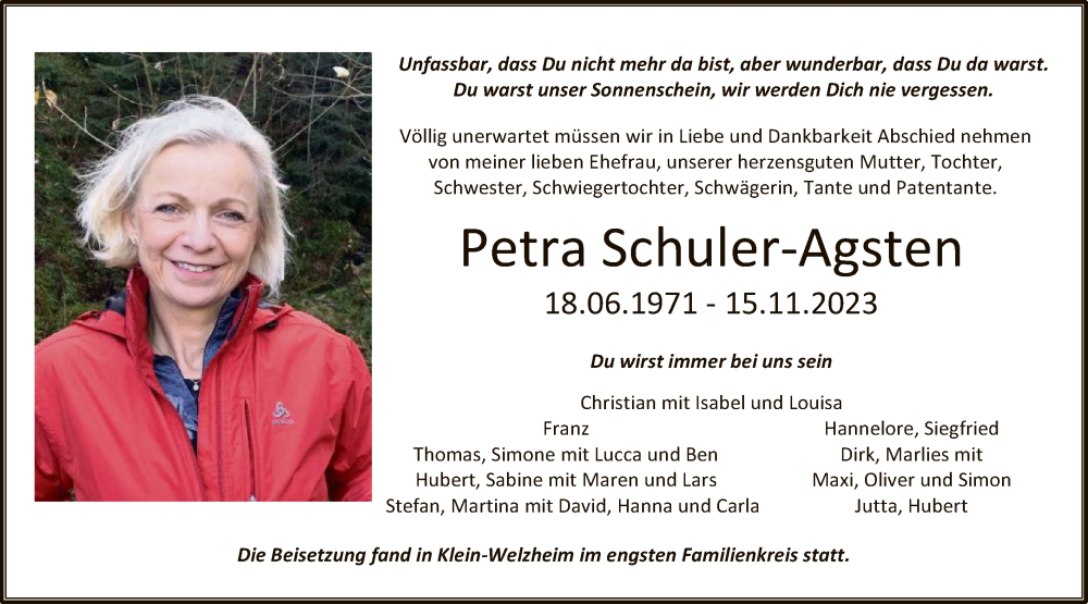  Traueranzeige für Petra Schuler-Agsten vom 06.12.2023 aus OF