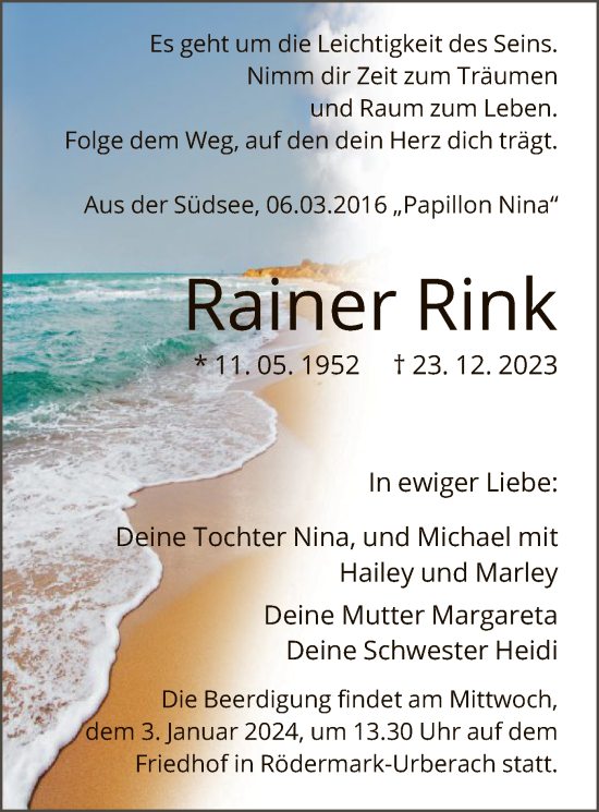 Traueranzeige von Rainer Rink von OF