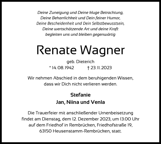 Traueranzeige von Renate Wagner von OF