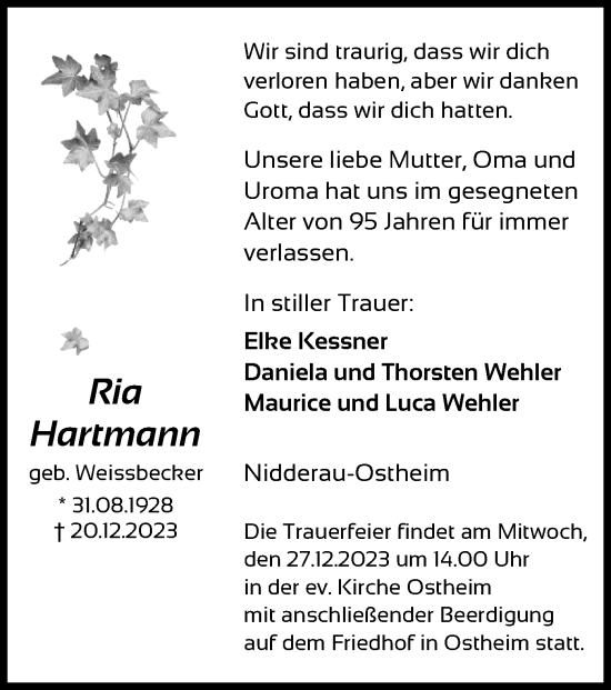 Traueranzeige von Ria Hartmann von OF