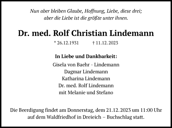 Traueranzeige von Rolf Christian Lindemann von OF