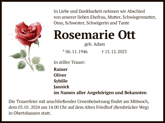 Traueranzeige von Rosemarie Ott von OF