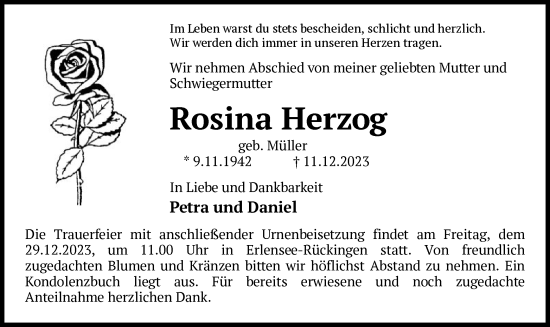 Traueranzeige von Rosina Herzog von OF