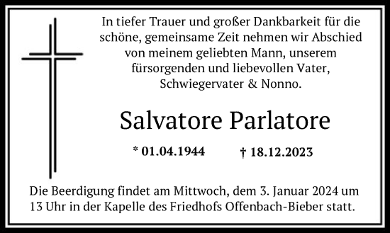 Traueranzeige von Salvatore Parlatore von OF